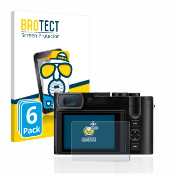 Front side of a product packaging with the brand logo BROTECT. Next to it is the device Leica Q3 shown with the corresponding 