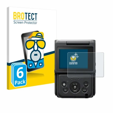 Front side of a product packaging with the brand logo BROTECT. Next to it is the device Canon PowerShot V10 Vlog Camera shown 