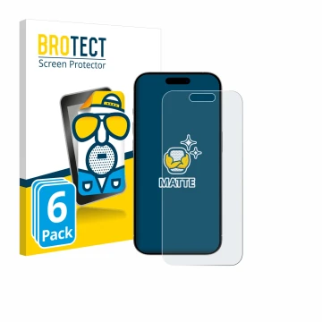 Front side of a product packaging with the brand logo BROTECT. Next to it is the device Apple iPhone 15 shown with the corresp