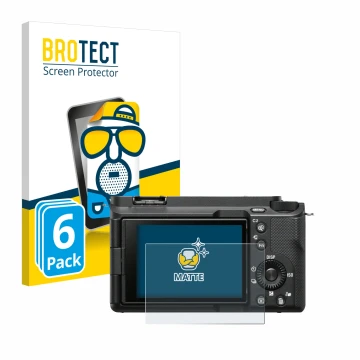 Front side of a product packaging with the brand logo BROTECT. Next to it is the device Sony Alpha ZV-E1 shown with the corres