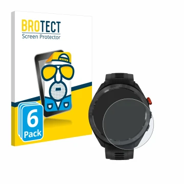 Front side of a product packaging with the brand logo BROTECT. Next to it is the device Garmin Approach S70 (47 mm) shown with