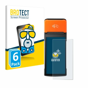 Front side of a product packaging with the brand logo BROTECT. Next to it is the device Sunmi V2 Pro shown with the correspond