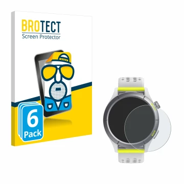 Front side of a product packaging with the brand logo BROTECT. Next to it is the device Huami Amazfit Cheetah shown with the c