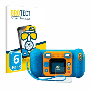 Front side of a product packaging with the brand logo BROTECT. Next to it is the device Vtech Kidizoom Kid 4 shown with the co