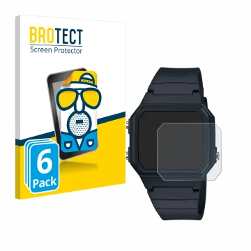 Front side of a product packaging with the brand logo BROTECT. Next to it is the device Casio W-217H-1AVCF shown with the corr