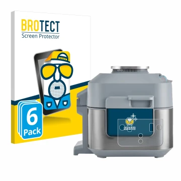 Front side of a product packaging with the brand logo BROTECT. Next to it is the device Ninja Speedi Rapid Cooking System show