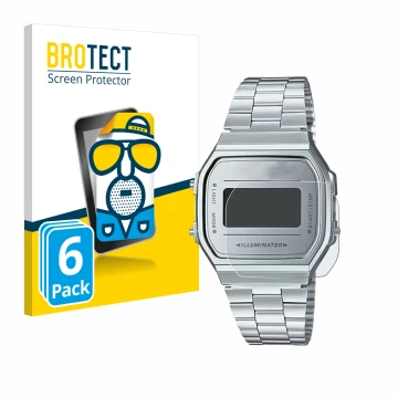 Front side of a product packaging with the brand logo BROTECT. Next to it is the device Casio A168WEM-7EF shown with the corre