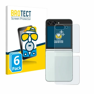 Front side of a product packaging with the brand logo BROTECT. Next to it is the device Samsung Galaxy Z Flip 5 (Back) shown w