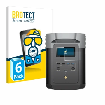 Front side of a product packaging with the brand logo BROTECT. Next to it is the device EcoFlow DELTA 2 shown with the corresp