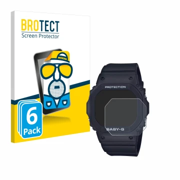 Front side of a product packaging with the brand logo BROTECT. Next to it is the device Casio Baby-G BGD-565 shown with the co