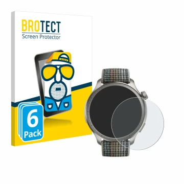 Front side of a product packaging with the brand logo BROTECT. Next to it is the device Huami Amazfit Balance shown with the c