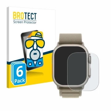 Front side of a product packaging with the brand logo BROTECT. Next to it is the device Apple Watch Ultra 2 (49 mm) shown with