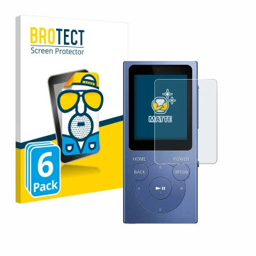 Front side of a product packaging with the brand logo BROTECT. Next to it is the device Sony Walkman NW-E394 shown with the co