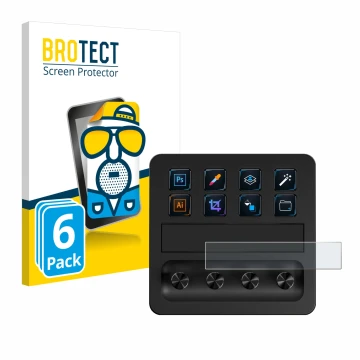 Front side of a product packaging with the brand logo BROTECT. Next to it is the device Elgato Stream Deck + shown with the co