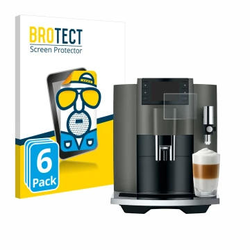 Front side of a product packaging with the brand logo BROTECT. Next to it is the device Jura E8 (EC) shown with the correspond