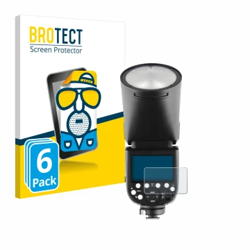 Front side of a product packaging with the brand logo BROTECT. Next to it is the device Godox V1 shown with the corresponding 