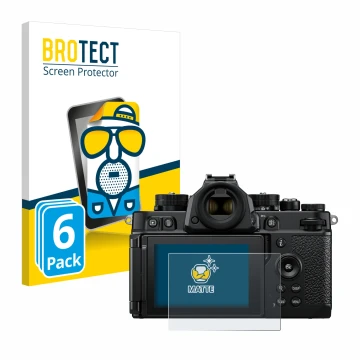 Front side of a product packaging with the brand logo BROTECT. Next to it is the device Nikon Z F shown with the corresponding