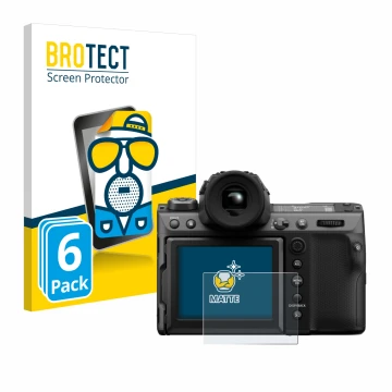 Front side of a product packaging with the brand logo BROTECT. Next to it is the device Fujifilm GFX100 II shown with the corr