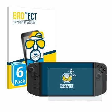 Front side of a product packaging with the brand logo BROTECT. Next to it is the device Lenovo Legion Go shown with the corres