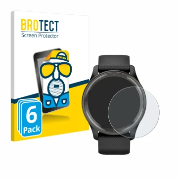 Front side of a product packaging with the brand logo BROTECT. Next to it is the device Garmin Vivomove Trend shown with the c