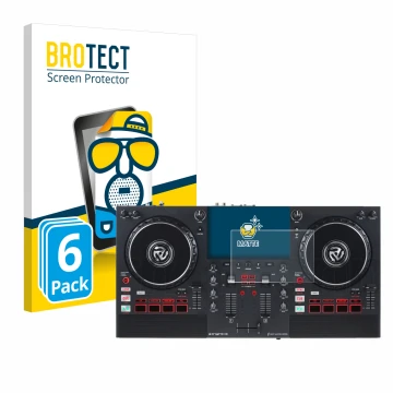 Front side of a product packaging with the brand logo BROTECT. Next to it is the device Numark Mixstream Pro+ shown with the c