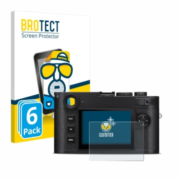 Front side of a product packaging with the brand logo BROTECT. Next to it is the device Leica M11-P shown with the correspondi