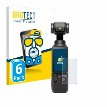 Front side of a product packaging with the brand logo BROTECT. Next to it is the device DJI Osmo Pocket 3 shown with the corre