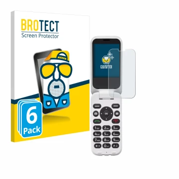 Front side of a product packaging with the brand logo BROTECT. Next to it is the device Doro 6820 shown with the corresponding