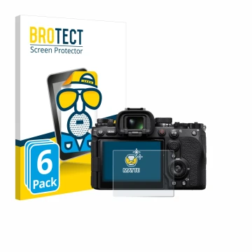 Front side of a product packaging with the brand logo BROTECT. Next to it is the device Sony Alpha 9 III shown with the corres