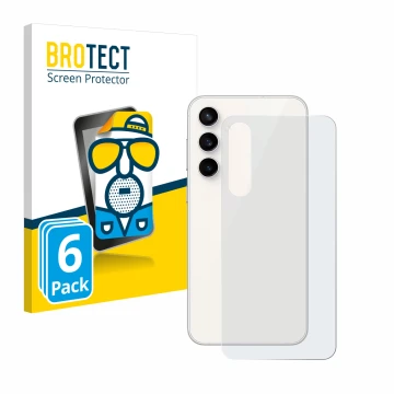 Front side of a product packaging with the brand logo BROTECT. Next to it is the device Samsung Galaxy S23 FE (Back) shown wit