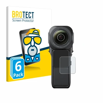Front side of a product packaging with the brand logo BROTECT. Next to it is the device Insta360 One RS 1-Zoll 360 shown with 