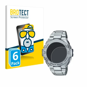 Front side of a product packaging with the brand logo BROTECT. Next to it is the device Casio G-Shock GST-B500D-1A shown with 