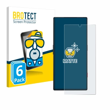 Front side of a product packaging with the brand logo BROTECT. Next to it is the device ZTE Nubia Red Magic 8 Pro shown with t