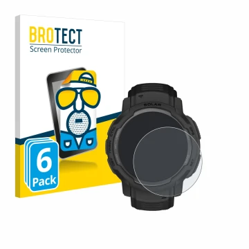 Front side of a product packaging with the brand logo BROTECT. Next to it is the device Garmin Instinct Crossover AMOLED shown