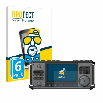 Front side of a product packaging with the brand logo BROTECT. Next to it is the device Xiegu X6200 shown with the correspondi