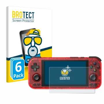 Front side of a product packaging with the brand logo BROTECT. Next to it is the device Retroid Pocket 4 Pro shown with the co