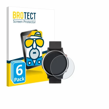 Front side of a product packaging with the brand logo BROTECT. Next to it is the device ASUS VivoWatch 6 shown with the corres