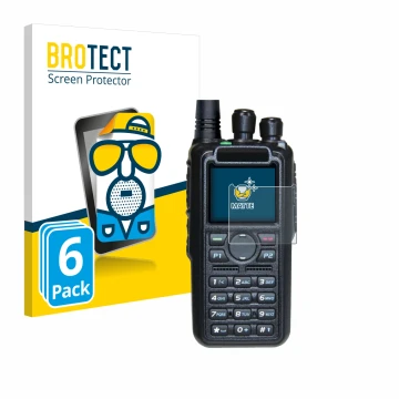Front side of a product packaging with the brand logo BROTECT. Next to it is the device AnyTone AT-D878UV II Plus shown with t