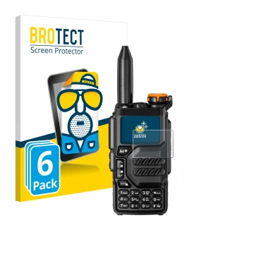 Front side of a product packaging with the brand logo BROTECT. Next to it is the device Quansheng UV-K5 shown with the corresp
