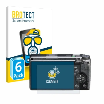 Front side of a product packaging with the brand logo BROTECT. Next to it is the device Ricoh GR IIIx HDF shown with the corre