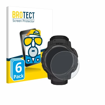 Front side of a product packaging with the brand logo BROTECT. Next to it is the device Garmin Instinct Crossover Solar shown 