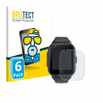 Front side of a product packaging with the brand logo BROTECT. Next to it is the device Leotec Kids Allo Plus 4G shown with th