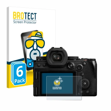 Front side of a product packaging with the brand logo BROTECT. Next to it is the device Panasonic Lumix DC-S5II shown with the