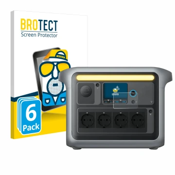 Front side of a product packaging with the brand logo BROTECT. Next to it is the device Anker SOLIX C1000X shown with the corr