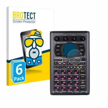 Front side of a product packaging with the brand logo BROTECT. Next to it is the device Roland SP-404MKII shown with the corre