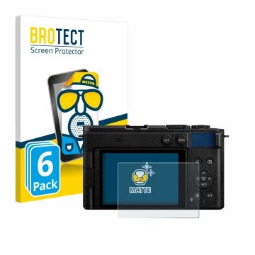 Front side of a product packaging with the brand logo BROTECT. Next to it is the device Panasonic Lumix DC-S9 shown with the c