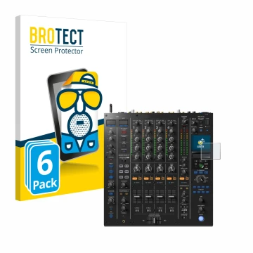 Front side of a product packaging with the brand logo BROTECT. Next to it is the device Pioneer DJM A9 shown with the correspo