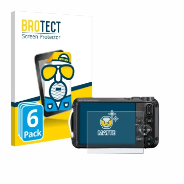 Front side of a product packaging with the brand logo BROTECT. Next to it is the device Ricoh Pentax WG-8 shown with the corre