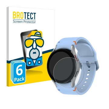 Front side of a product packaging with the brand logo BROTECT. Next to it is the device Samsung Galaxy Watch FE shown with the