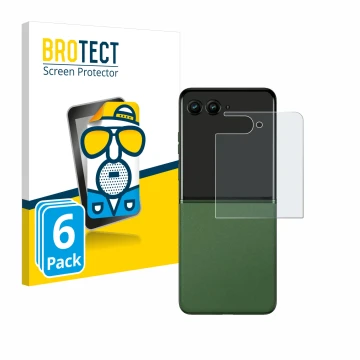 Front side of a product packaging with the brand logo BROTECT. Next to it is the device Motorola Razr 50 Ultra (Back display) 
